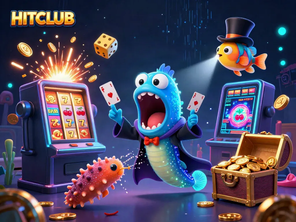 Experience the excitement of HITCLUB with this vibrant 3D casino scene featuring animated characters and gambling elements.