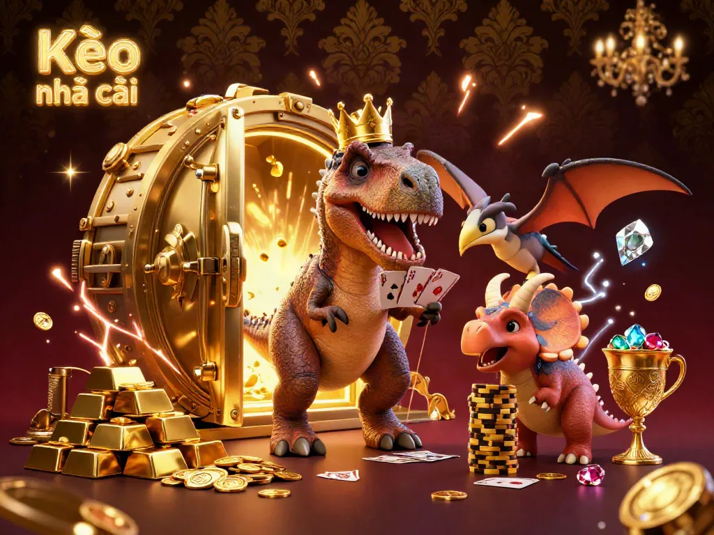 Engaging depiction of Kèo nhà cái, showing a T-Rex shuffling cards and a triceratops stacking chips in a vibrant casino setting.