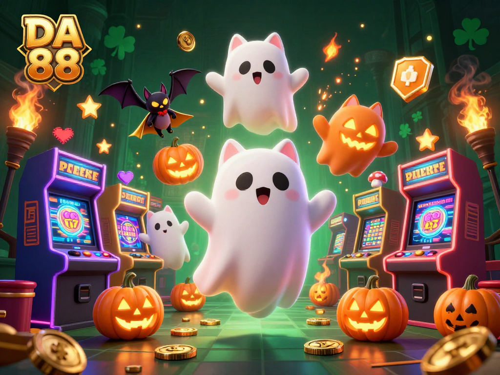 Vibrant DA 88 scene featuring a ghost cat and bat in a haunted casino, full of colorful gaming elements.