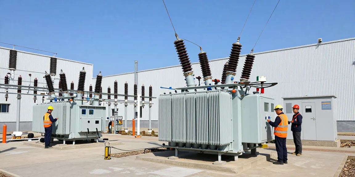 Technici onderhouden conservator type transformatoren in een elektriciteitsonderstation, met veiligheidsgereedschap, industriële apparatuur en heldere lucht.