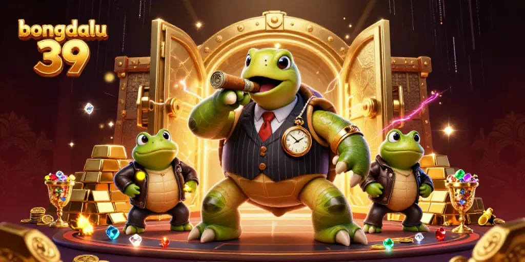 Engage with thrilling moments at bongdalu 39, showcased in a vibrant casino-themed illustration featuring unique characters and dazzling treasures.