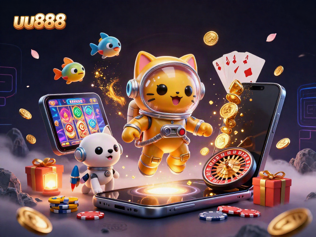 Spin and win with uu888 in this vibrant 3D casino illustration showcasing a space theme with alien fish.