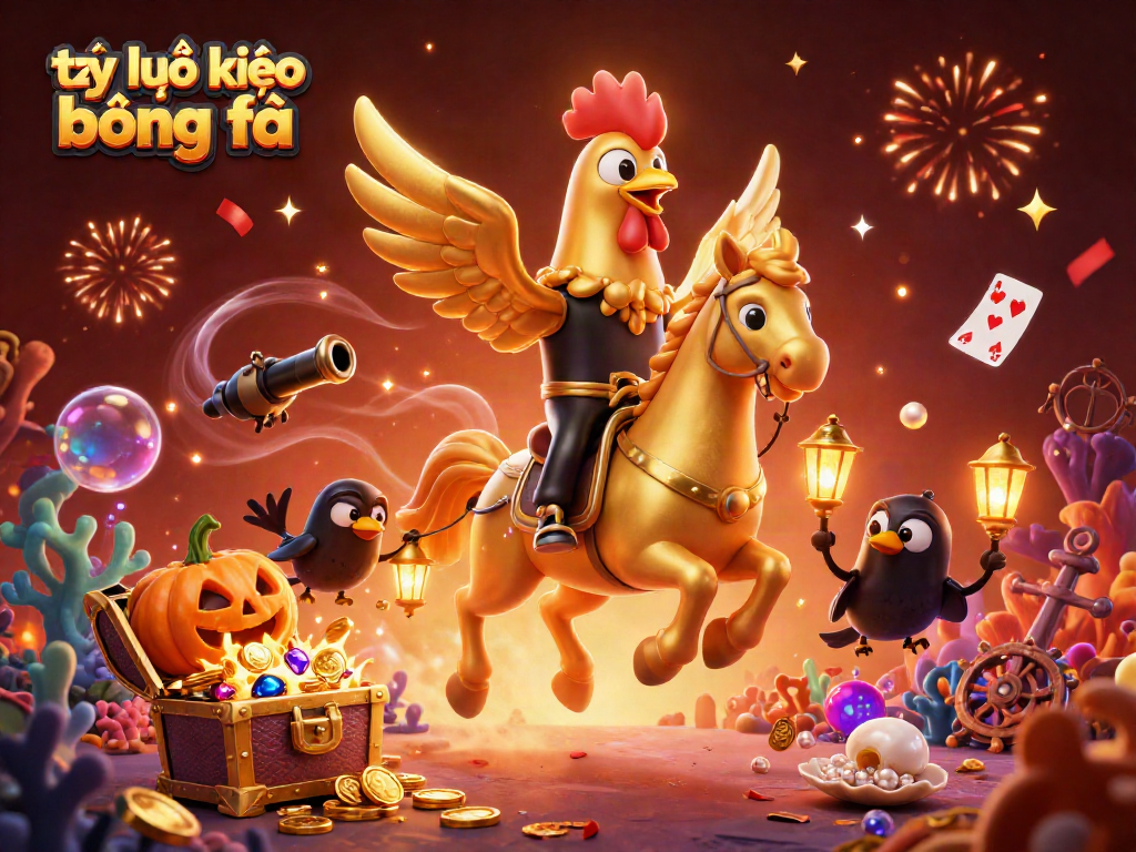 Bet on tỷ lệ kèo bóng đá in a dynamic, colorful casino scene with mystical characters and festive elements.