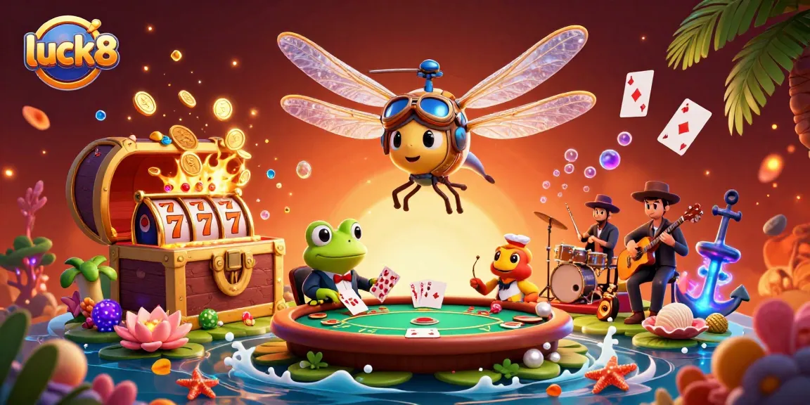 Join the fun at luck8 with lively casino scenes featuring a dragonfly pilot and frog croupier!