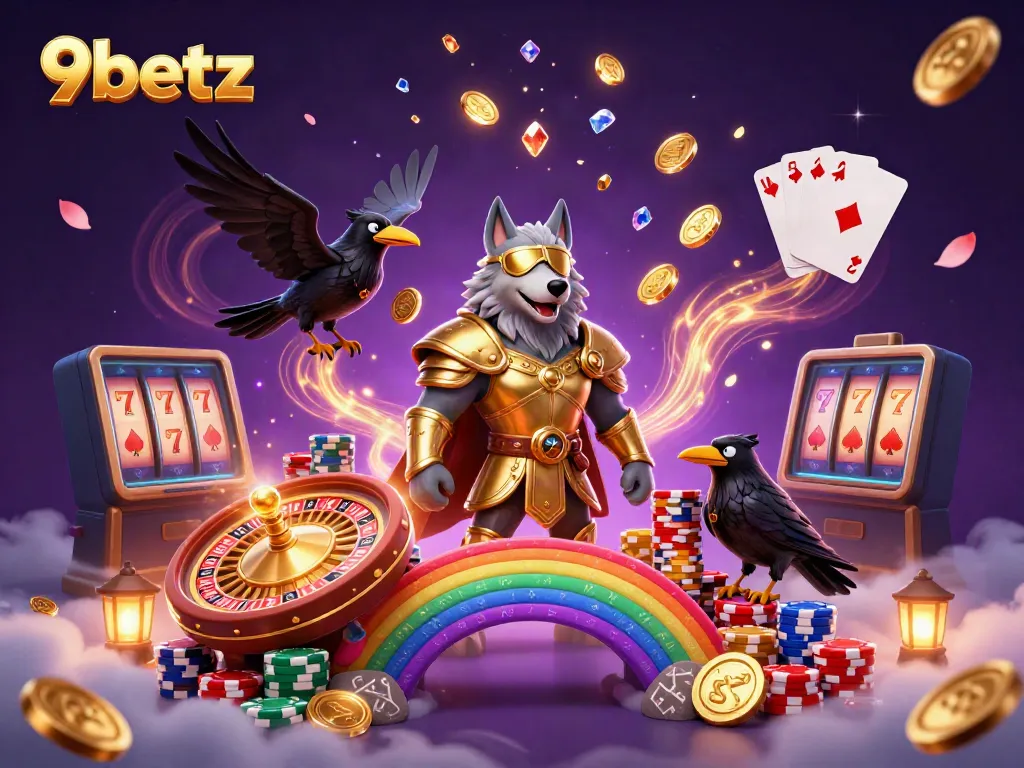 Experience the thrill of 9betz as Odin and his ravens navigate a vibrant casino landscape filled with treasures.