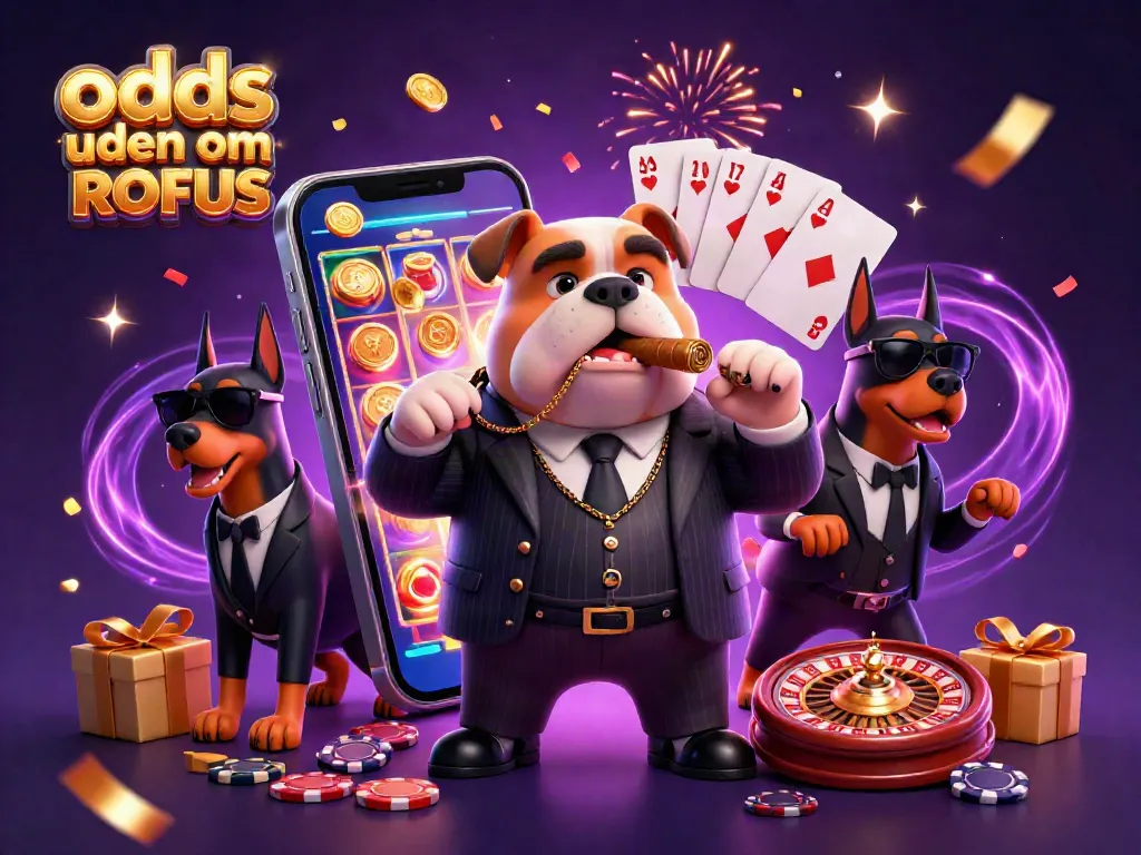 Bet on odds uden om ROFUS with a vibrant casino scene featuring a mafia bulldog and dynamic gaming elements.
