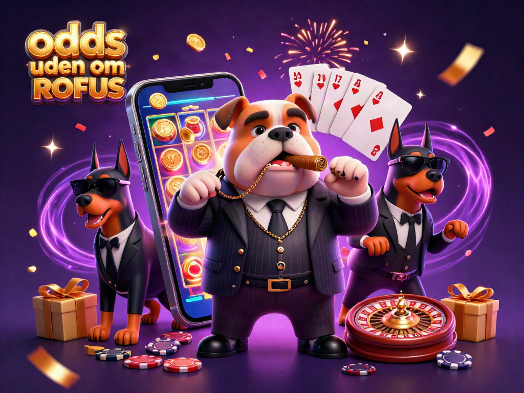 Bet on odds uden om ROFUS with a vibrant casino scene featuring a mafia bulldog and dynamic gaming elements.