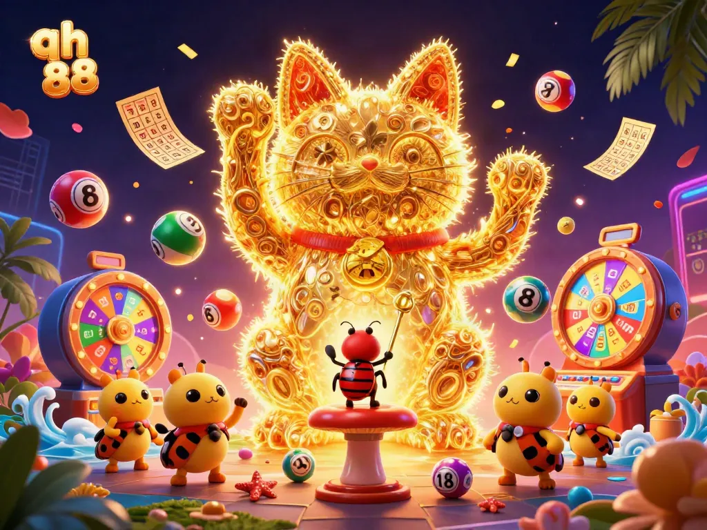 Engage with qh 88 through vibrant visuals of a golden lucky cat surrounded by dynamic casino elements.
