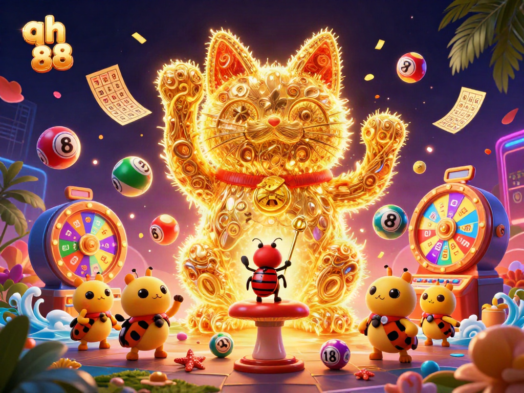 Engage with qh 88 through vibrant visuals of a golden lucky cat surrounded by dynamic casino elements.
