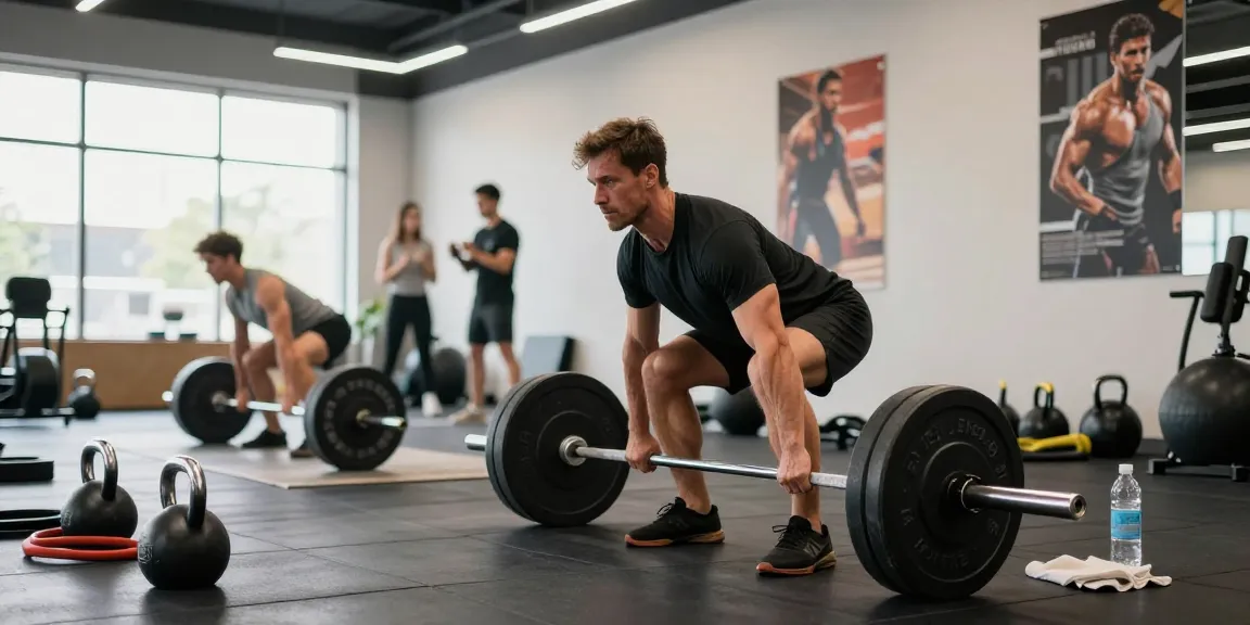 Een krachtige training bij Unique Pharma Shop, man in sportoutfit tilt gewichten met een gemotiveerde sfeer.
