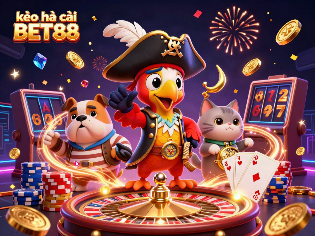 Engage in the excitement of kèo nhà cái BET88 as a pirate captain parrot leads a lively casino adventure.