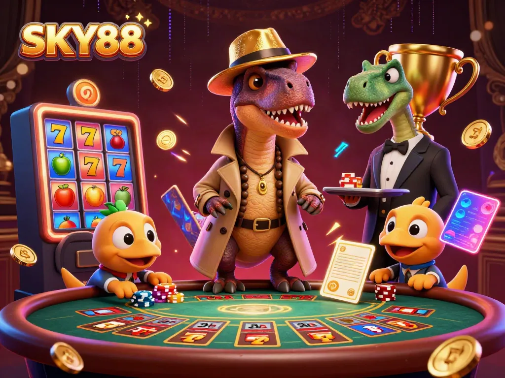 Experience the excitement of slots with SKY88's unique casino themes, featuring vibrant characters in action.
