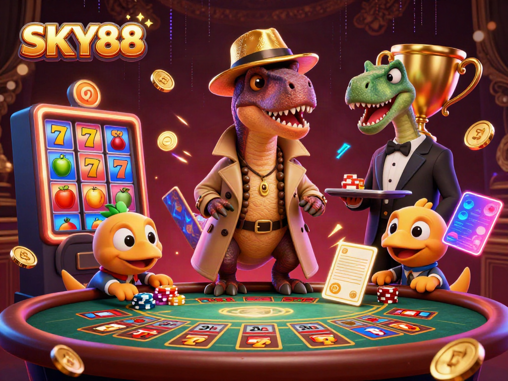 Experience the excitement of slots with SKY88's unique casino themes, featuring vibrant characters in action.