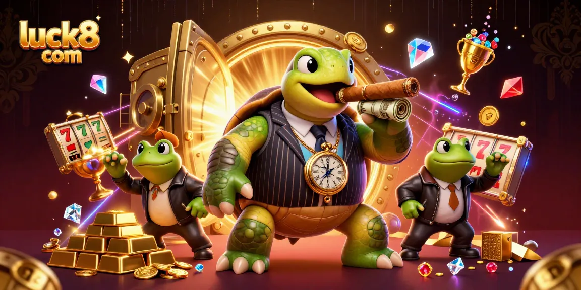 See luck8 com’s vibrant casino scene with a turtle and bullfrogs amidst gold treasures.