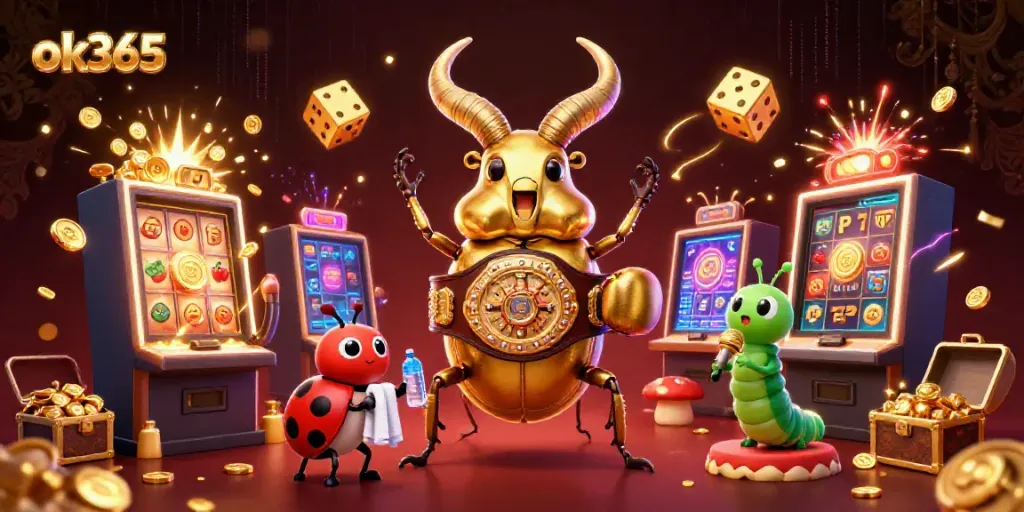 Experience excitement with ok365's vibrant gaming scene featuring a golden stag beetle champion in a rich casino environment.