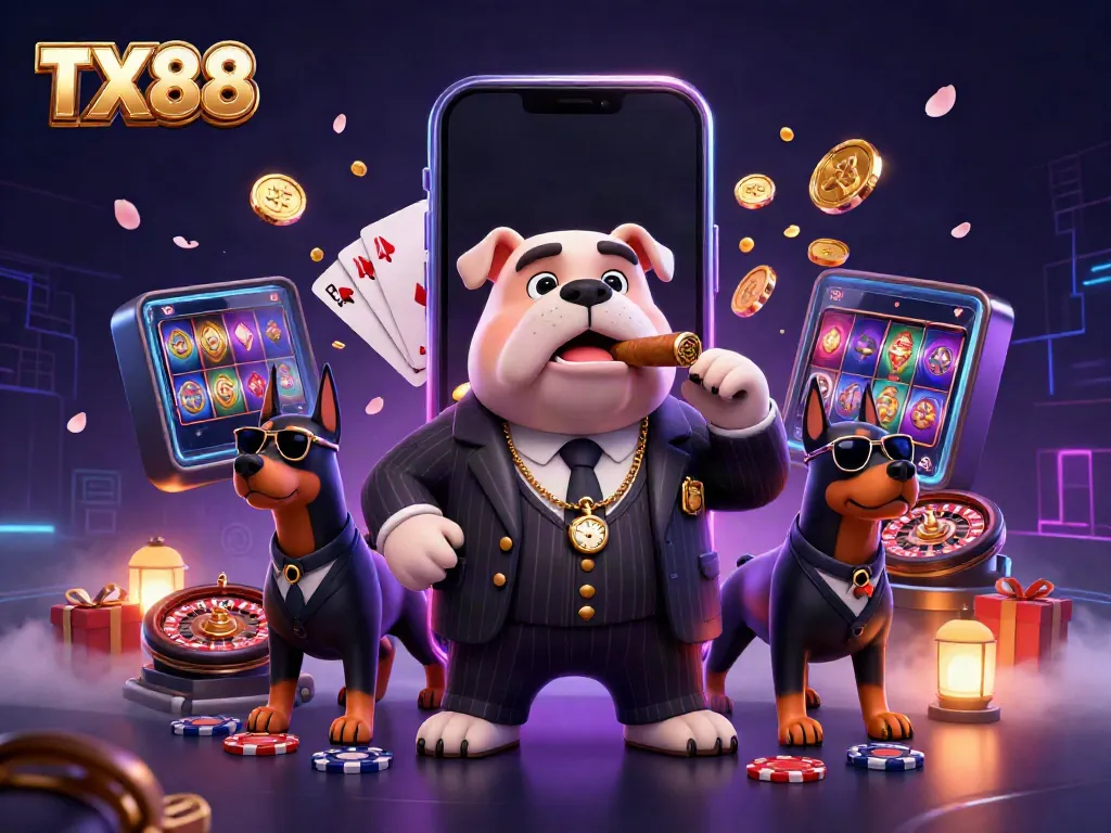 Engaging TX88 gaming scene featuring a mafia bulldog and Dobermans amidst casino elements.