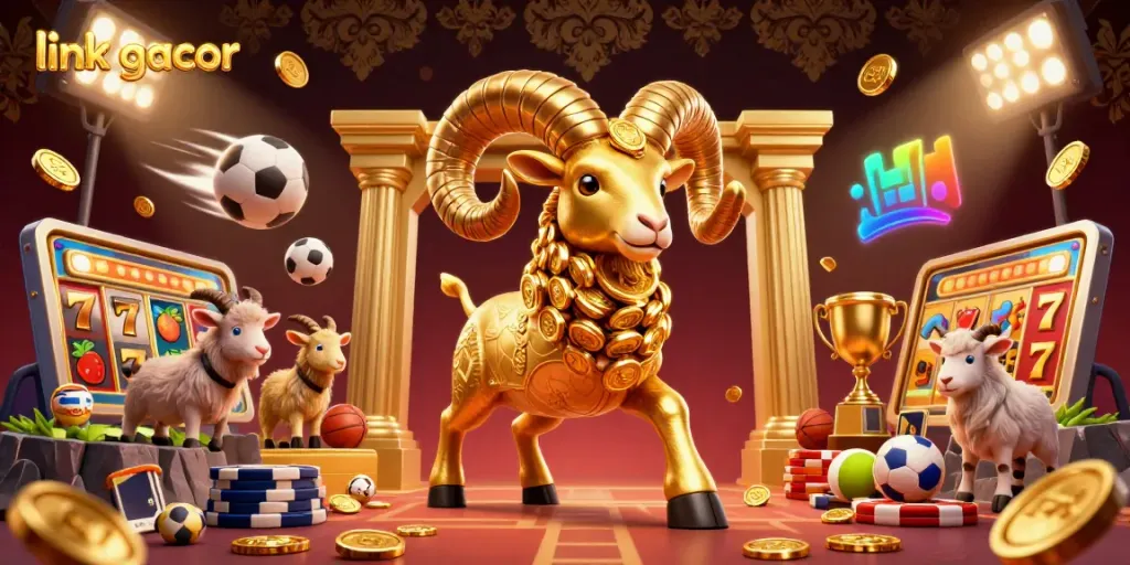 Win big with link gacor in this vibrant 3D casino illustration showcasing jackpot symbols and sports elements.