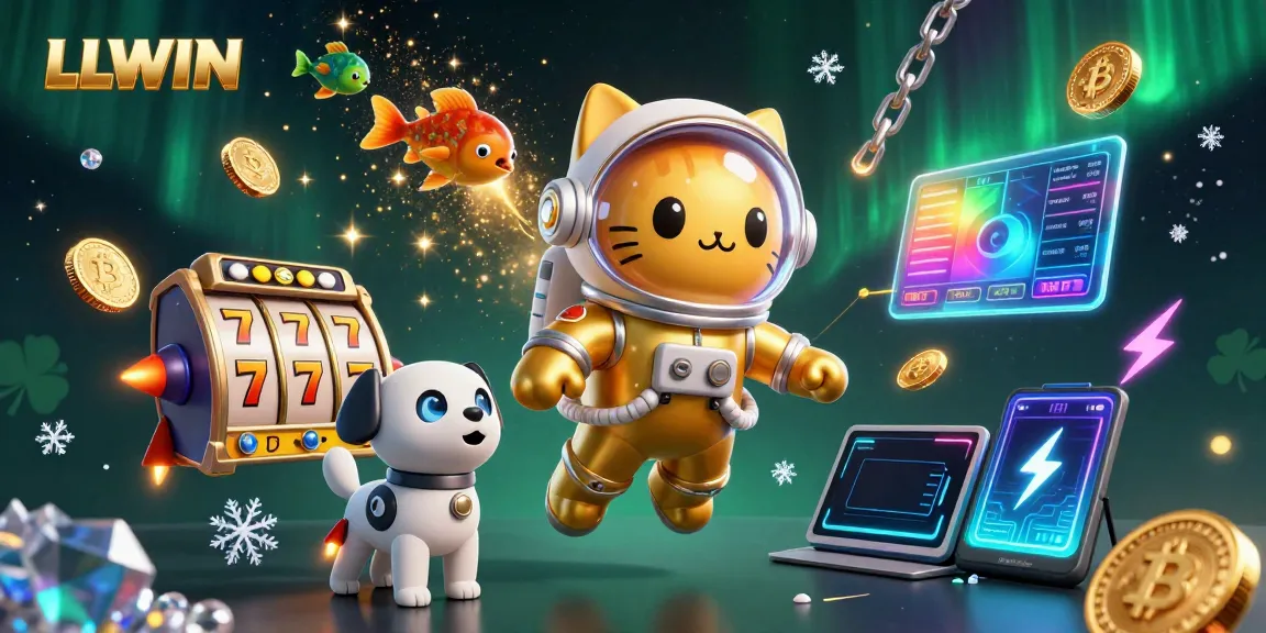 Engage with LLWIN's exciting slots adventure featuring a golden space cat and robot dog.