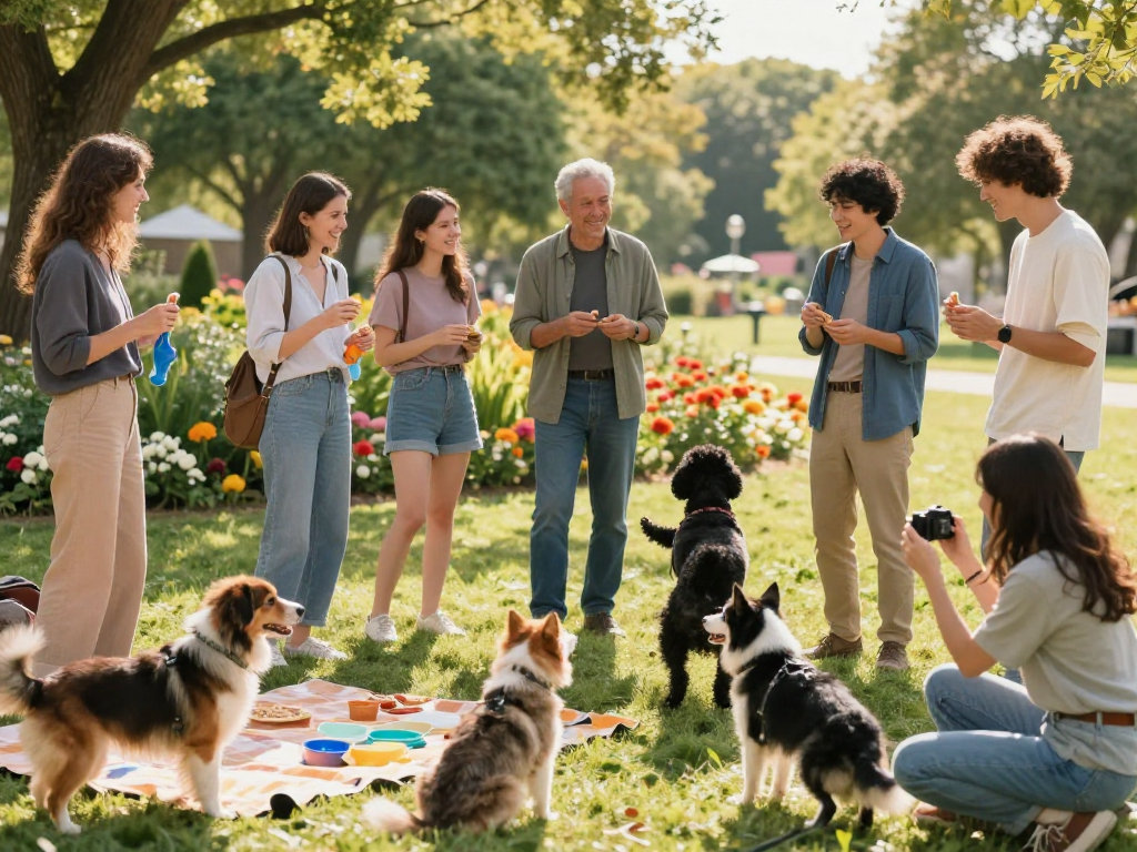 Engaged pet lovers sharing stories at a park, promoting community through rokok88 slot discussions.