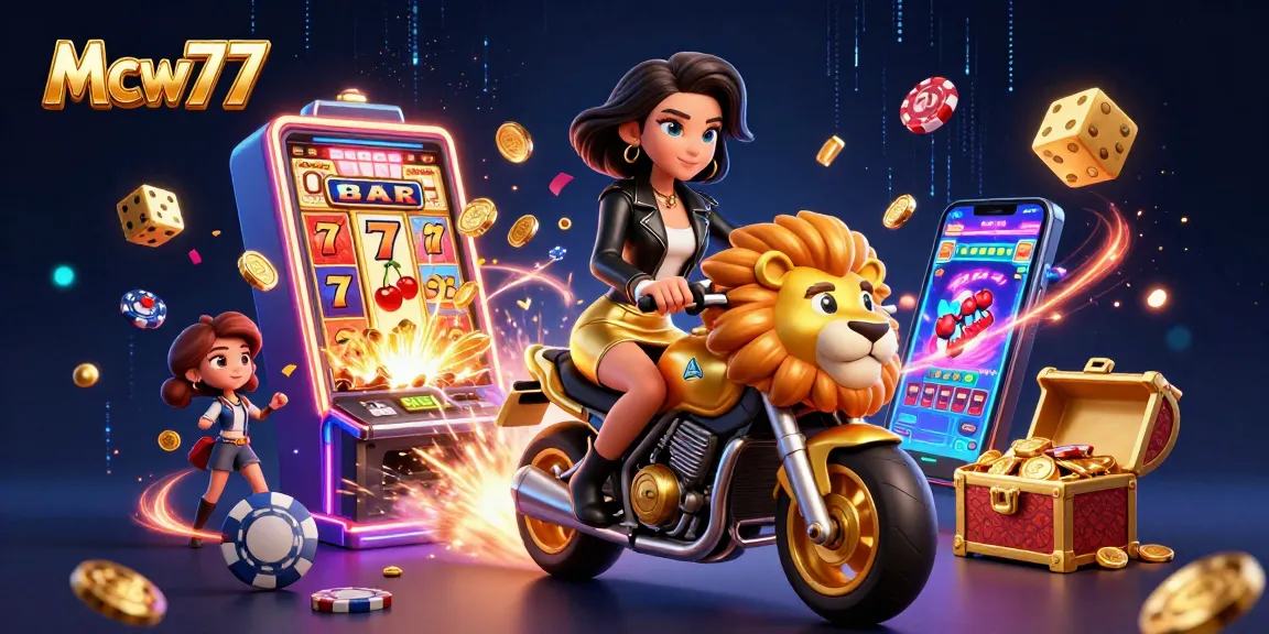 Experience thrilling gameplay at Mcw77 with a glamorous Asian woman riding a golden lion amidst a burst of casino excitement.