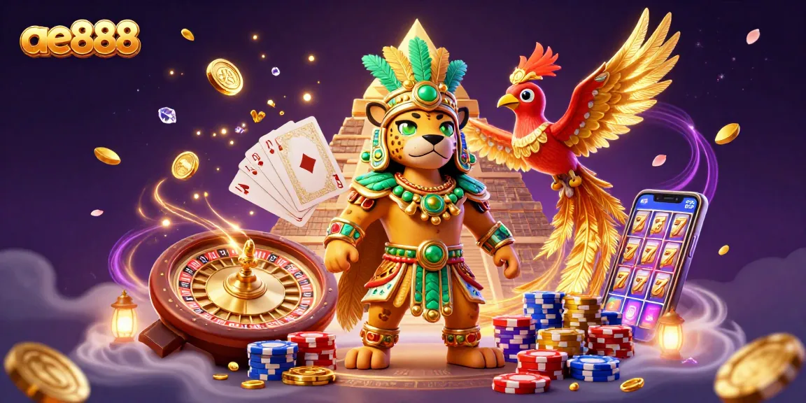 Experience ae888 excitement with a Mayan jaguar priest and treasures in a dynamic casino scene.