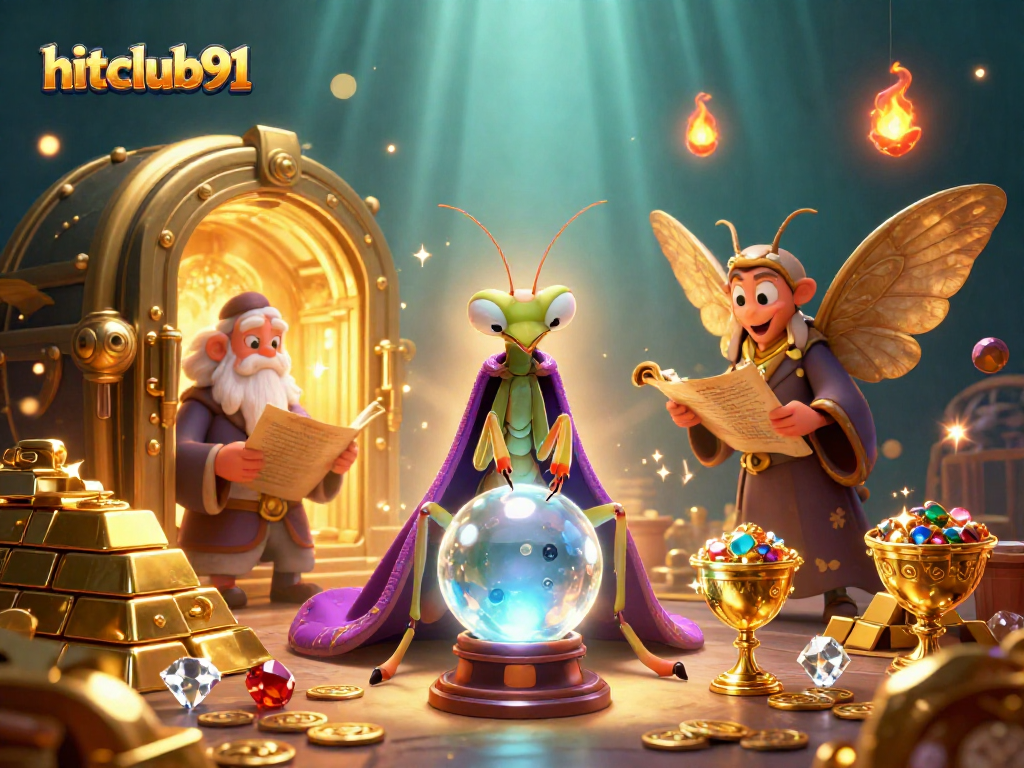 Experience thrilling gameplay with hitclub91's vibrant casino illustration, showcasing fortune tellers and treasures.