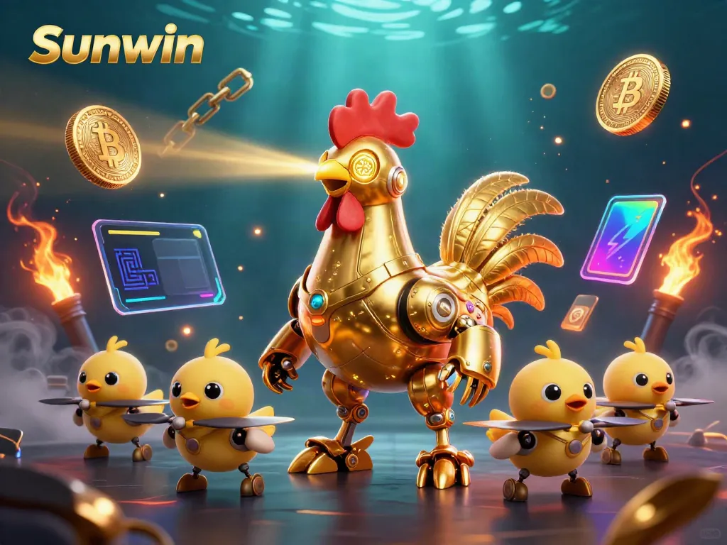 Experience the vibrant casino world of Sunwin with a golden rooster robot leading its crew, surrounded by crypto coins and gaming symbols.