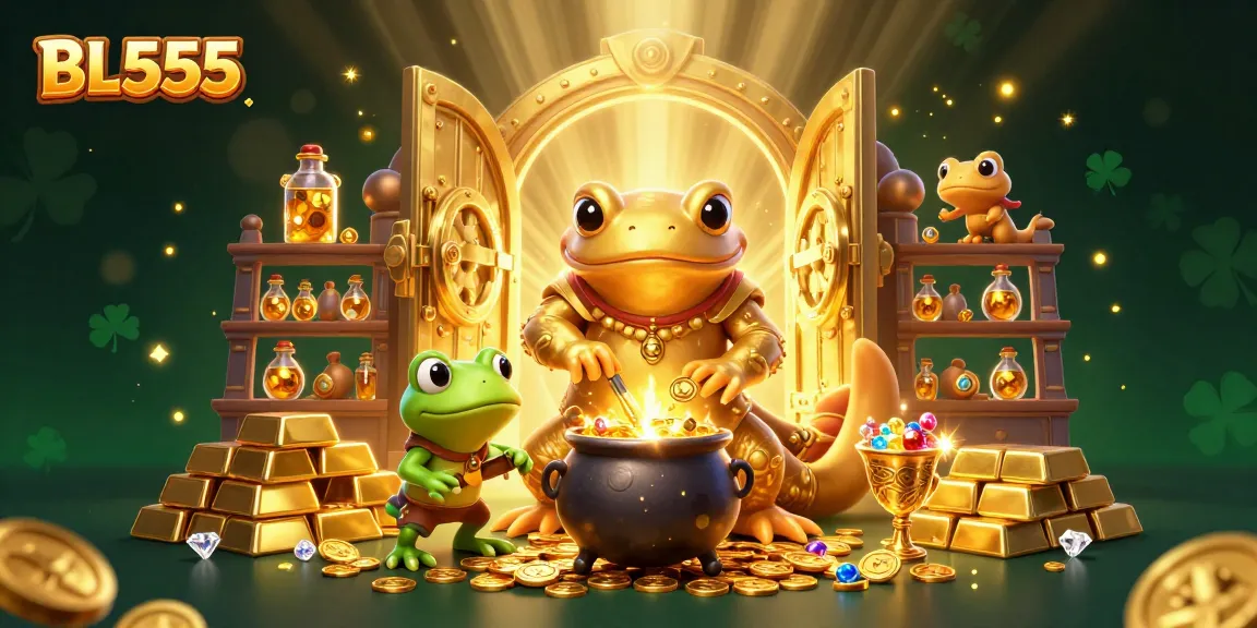 Experience BL555's thrilling atmosphere with golden alchemist and treasure elements in a vibrant casino scene.
