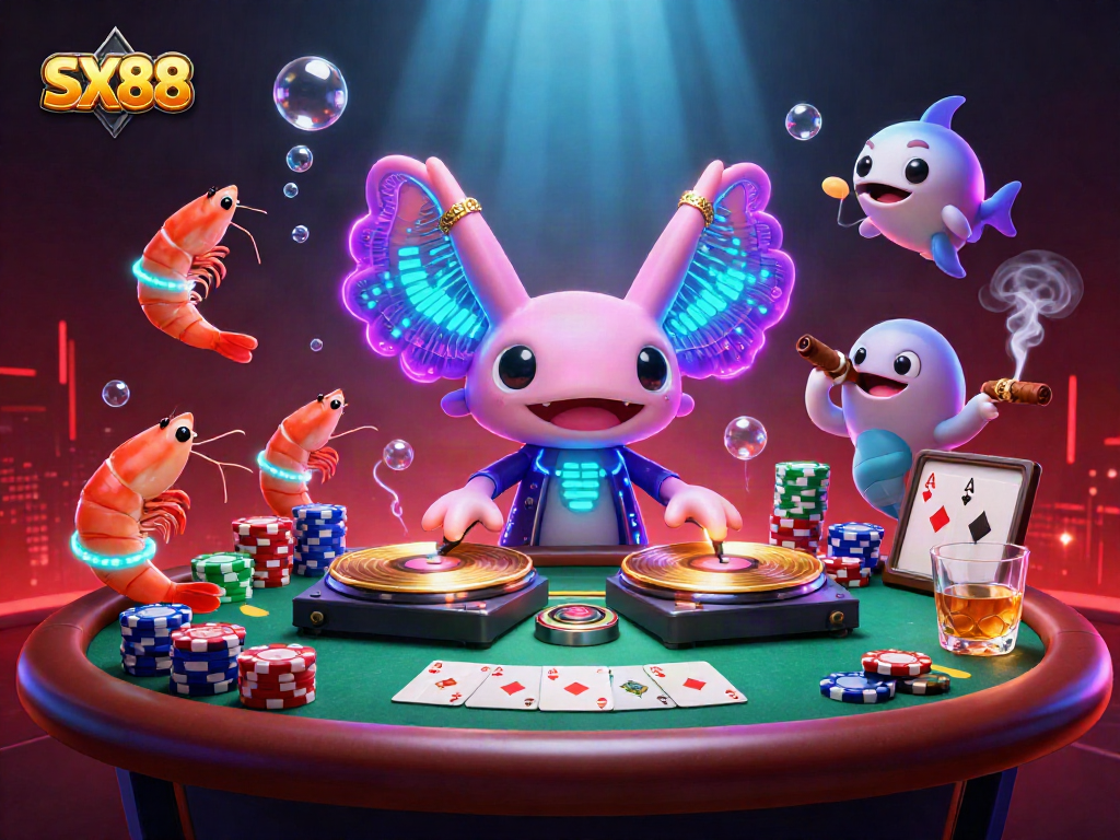 SX88 showcases a vibrant casino scene with a DJ axolotl and poker elements, amplifying gaming excitement.