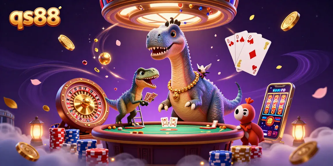 Experience the vibrant world of qs88 with a dynamic 3D casino illustration full of characters and gaming elements.