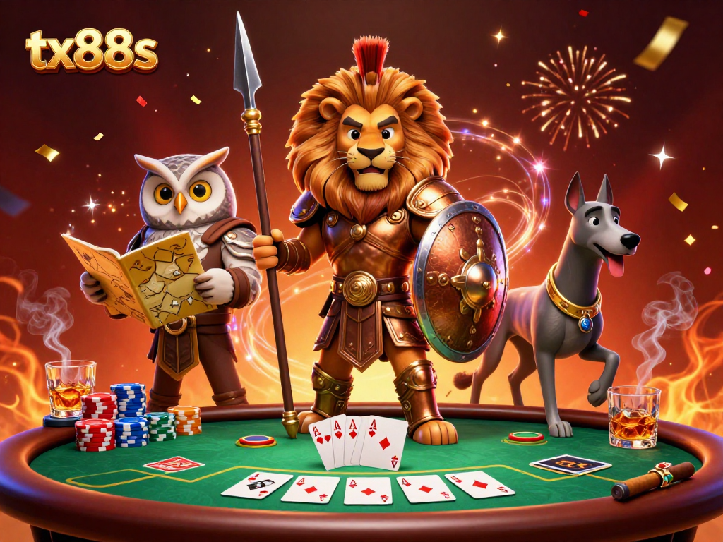 Experience the thrill of tx88s card play featuring a Spartan lion and strategic characters.