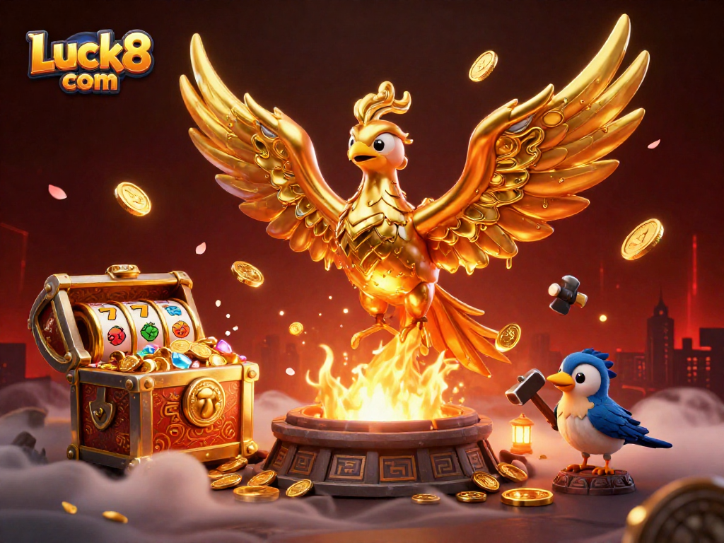 Luck8 com showcases a golden phoenix amid casino treasures, celebrating winning strategies.