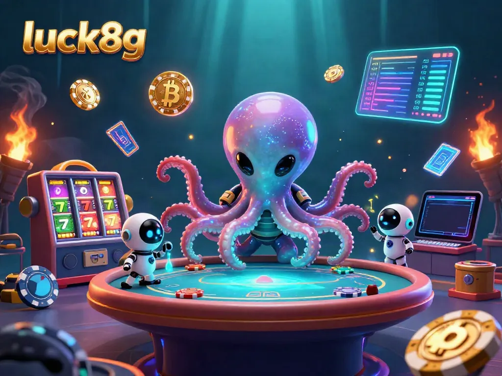 Engage with immersive luck8g casino action featuring vibrant aliens, poker tables, and blockchain elements.