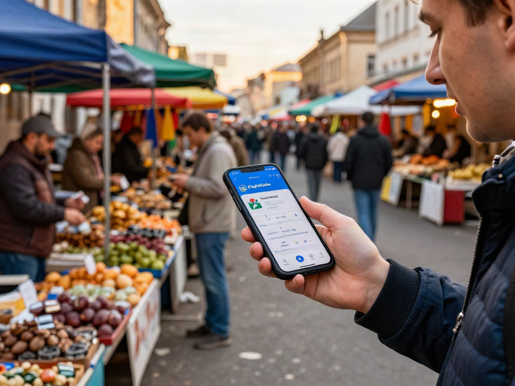 Een reiziger die gebruik maakt van de PayInRussia app om gemakkelijk te betalen in de markt van Rusland.
