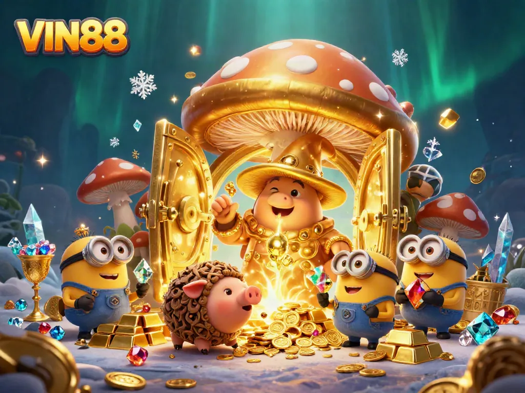 Experience the magic of VIN88 with a golden mushroom wizard amidst treasures in a dazzling casino-themed world.