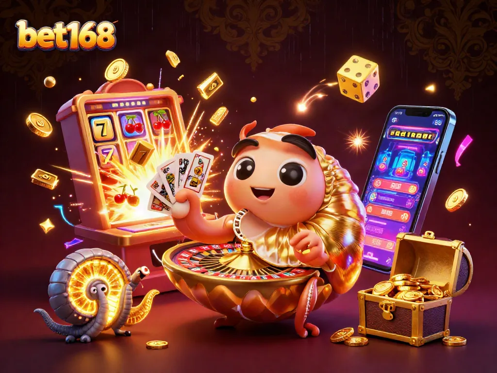 Experience thrilling moments at bet168 with a vibrant 3D casino scene bursting with excitement and rewards.