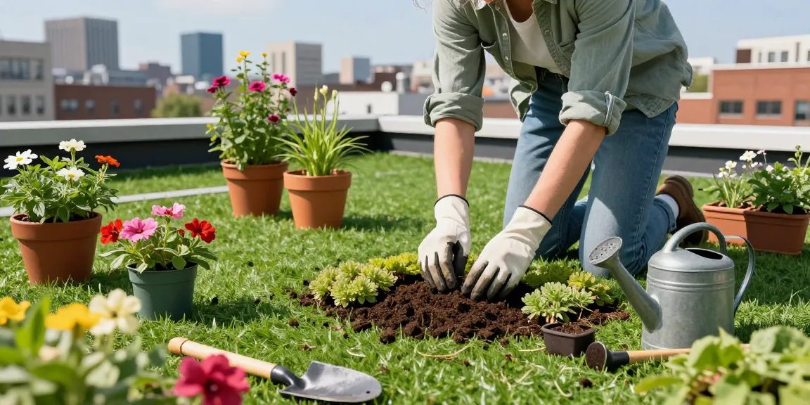 Betrokken tuinier die sedum plant op een groendak, wat de stedelijke duurzaamheid toont met kleurrijke planten en gereedschappen.