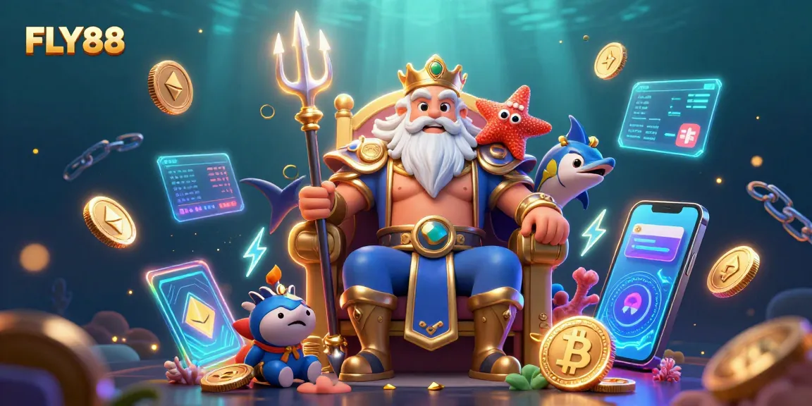 Engage with FLY88's vibrant underwater casino world, featuring Neptune and colorful crypto elements.