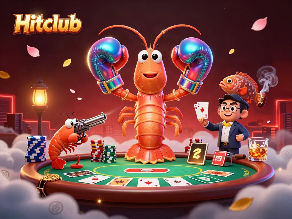 Hitclub showcases an intense poker battle with vibrant characters in a dynamic casino scene.