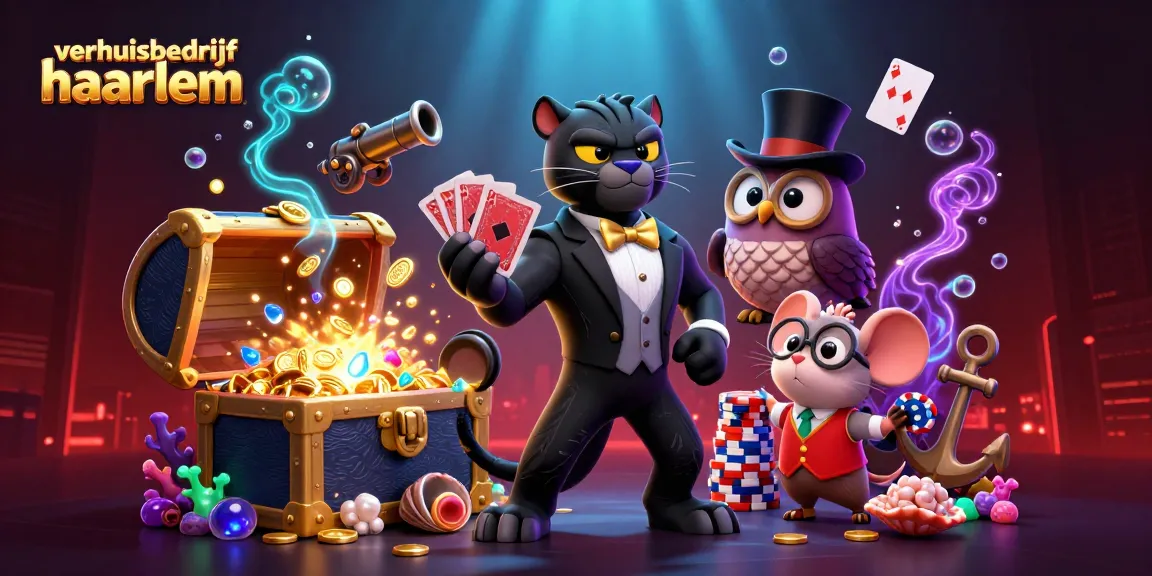 Verhuisbedrijf Haarlem assortiment met stijlvolle cartoonfiguren die spelen en winnen in een levendige casino omgeving.