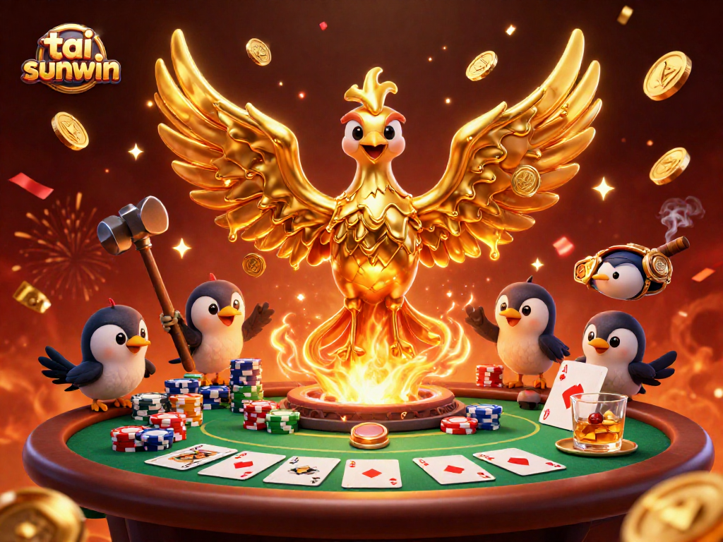 Experience the thrill of tai sunwin with a 3D illustration showcasing a golden phoenix and poker elements.