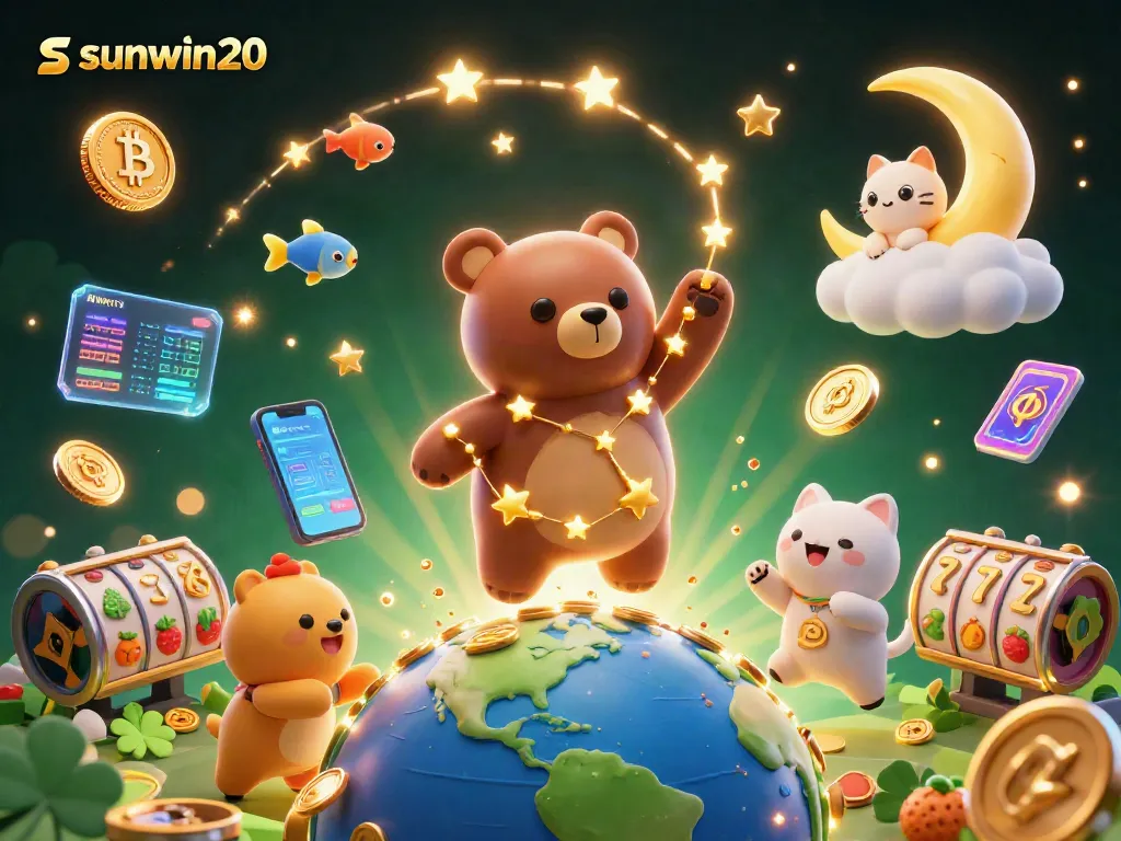 Engage with sunwin20 in this vibrant 3D casino illustration featuring lucky symbols and crypto gems.