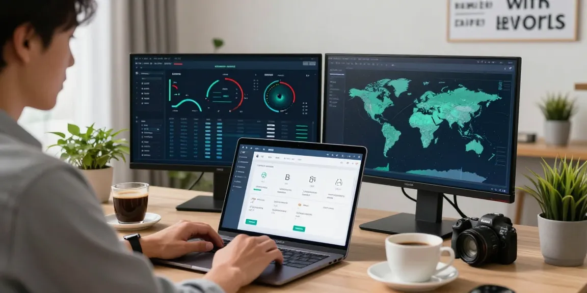 快连 application interface displayed on multiple screens in a modern home office.