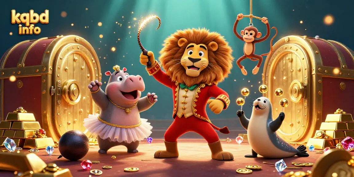 Engage with dynamic kqbd info scene showcasing an animated lion circus ringmaster amid gambling gold treasures.