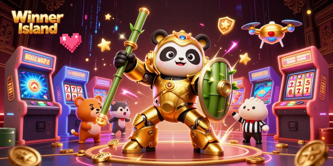 Experience the thrill at Winner Island Casino with vibrant gaming elements and dynamic 3D illustrations.