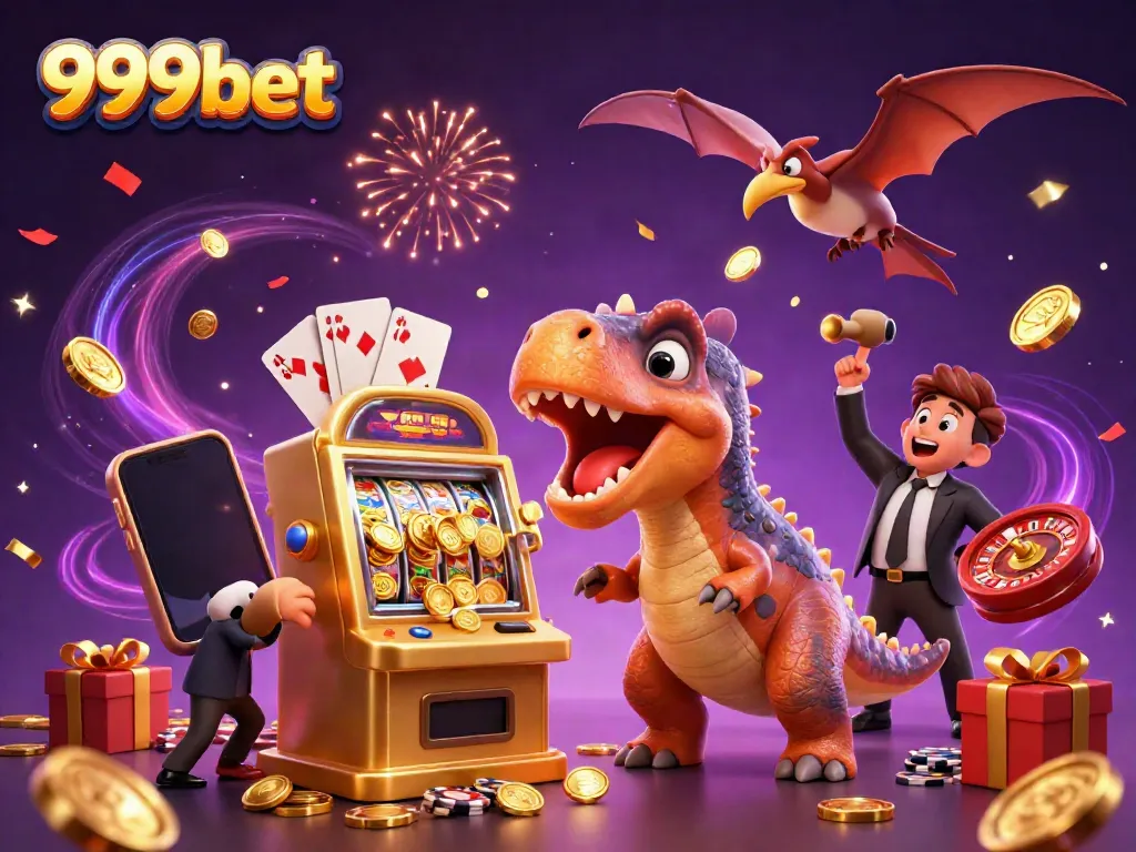 Explore the excitement of 999bet with a pachycephalosaurus winning jackpots and vibrant casino elements.