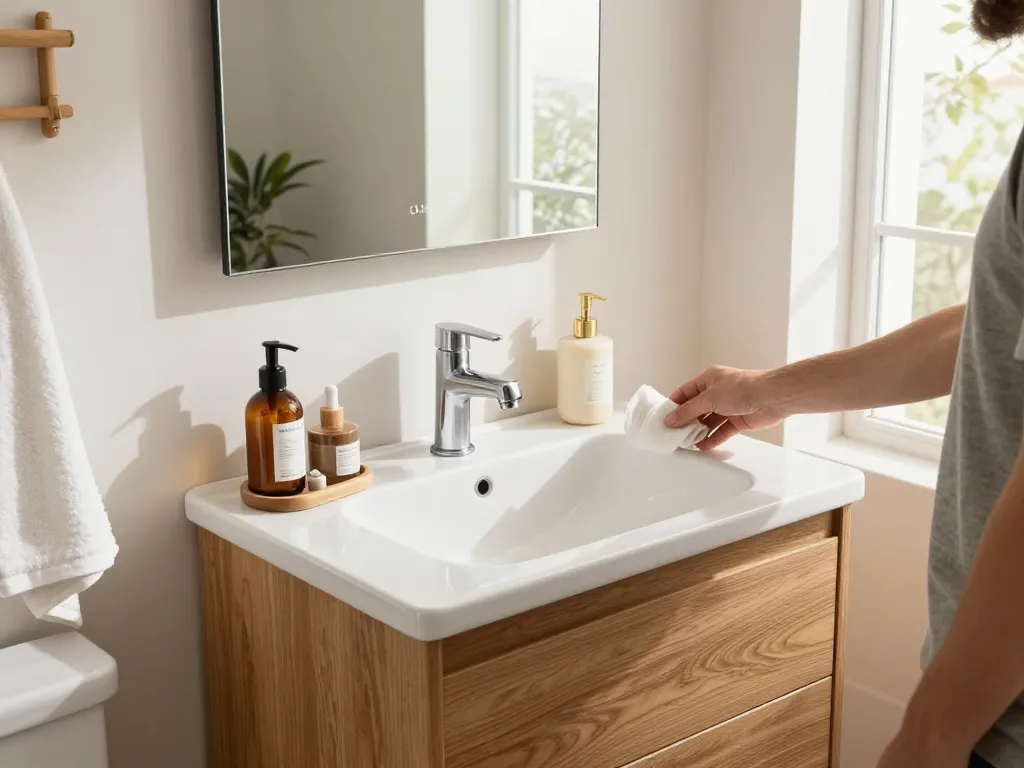 Compact en stijlvol wastafelmeubel 50 cm breed met moderne accessoires in een lichte badkamer.
