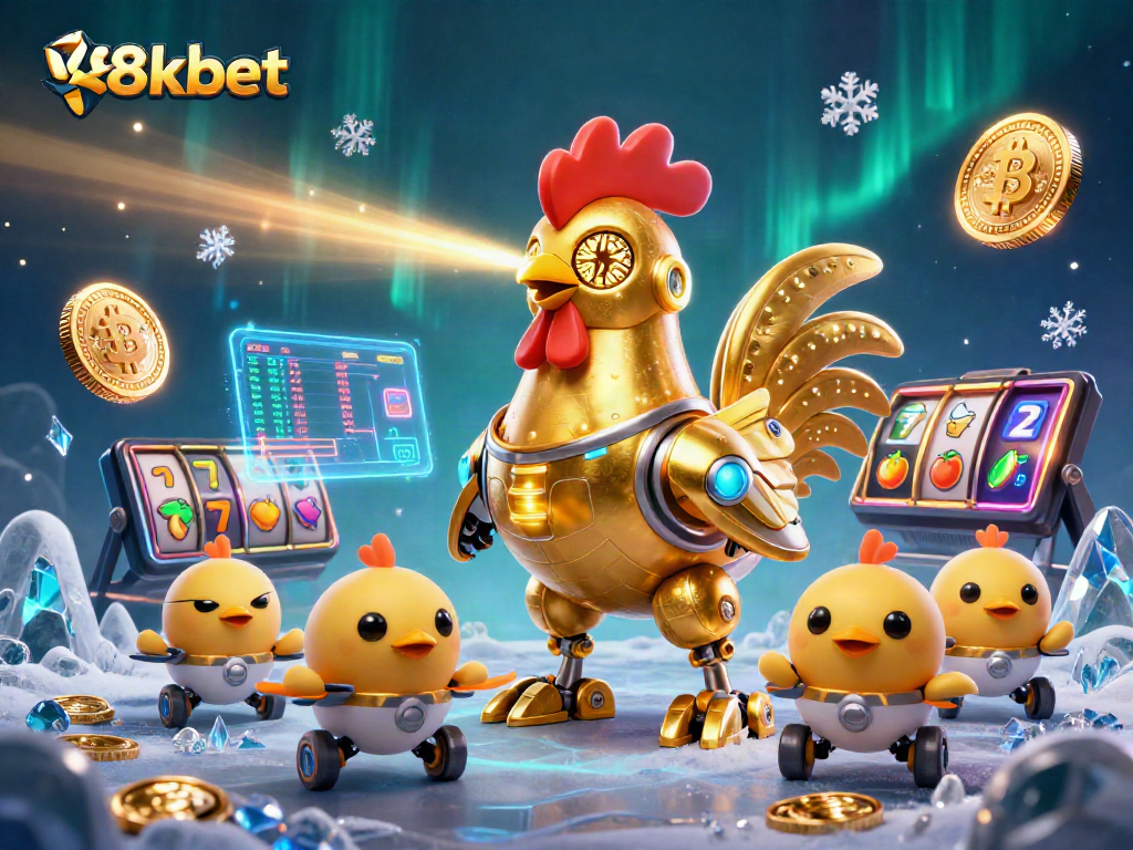 Engage with 88kbet's slots through this captivating 3D illustration of a golden rooster robot and chick drones.