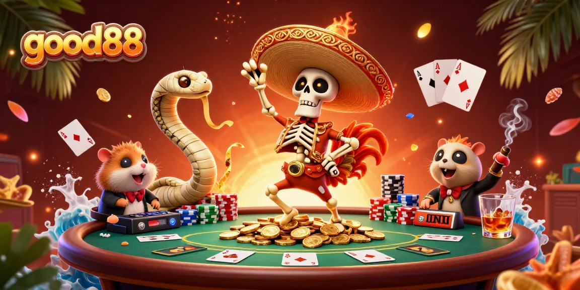 Win big with good88 as a mariachi rooster dances on a gold coin pile amidst extravagant casino elements.