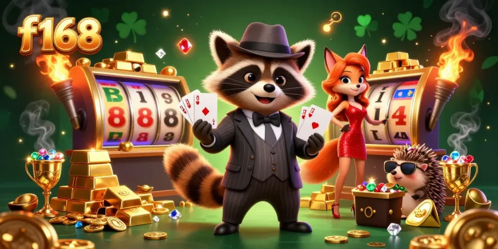 Experience the excitement of f168 with a raccoon in a suit, a dazzling fox, and a hedgehog bouncer celebrating a royal flush.